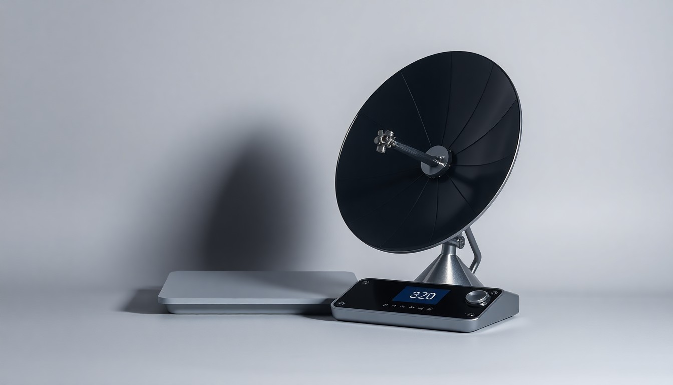 A high-end studio photograph featuring a polished metal satellite model and a sleek, angular control panel against a solid grey background, conveying the premium materials and geometric shapes of the space technology industry.