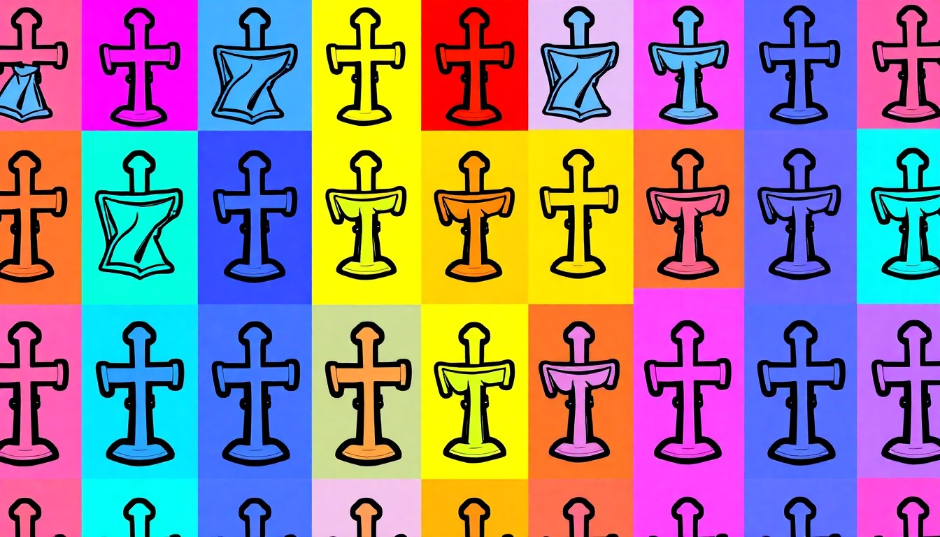 A brightly colored, high-contrast silkscreen print of a single, iconic religious object such as a cross or chalice, repeated in a tight grid pattern in the style of Andy Warhol, conceptually representing the fusion of artistic expression and spiritual devotion.