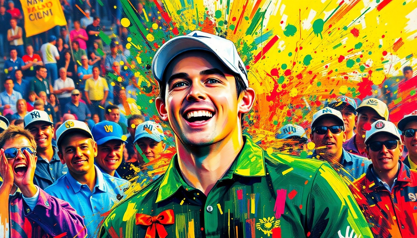 An abstract, expressionist painting in vibrant neon colors depicting the chaotic celebration of Rory McIlroy's Masters victory, with his face and the crowd blending into a frenetic, energetic composition.
