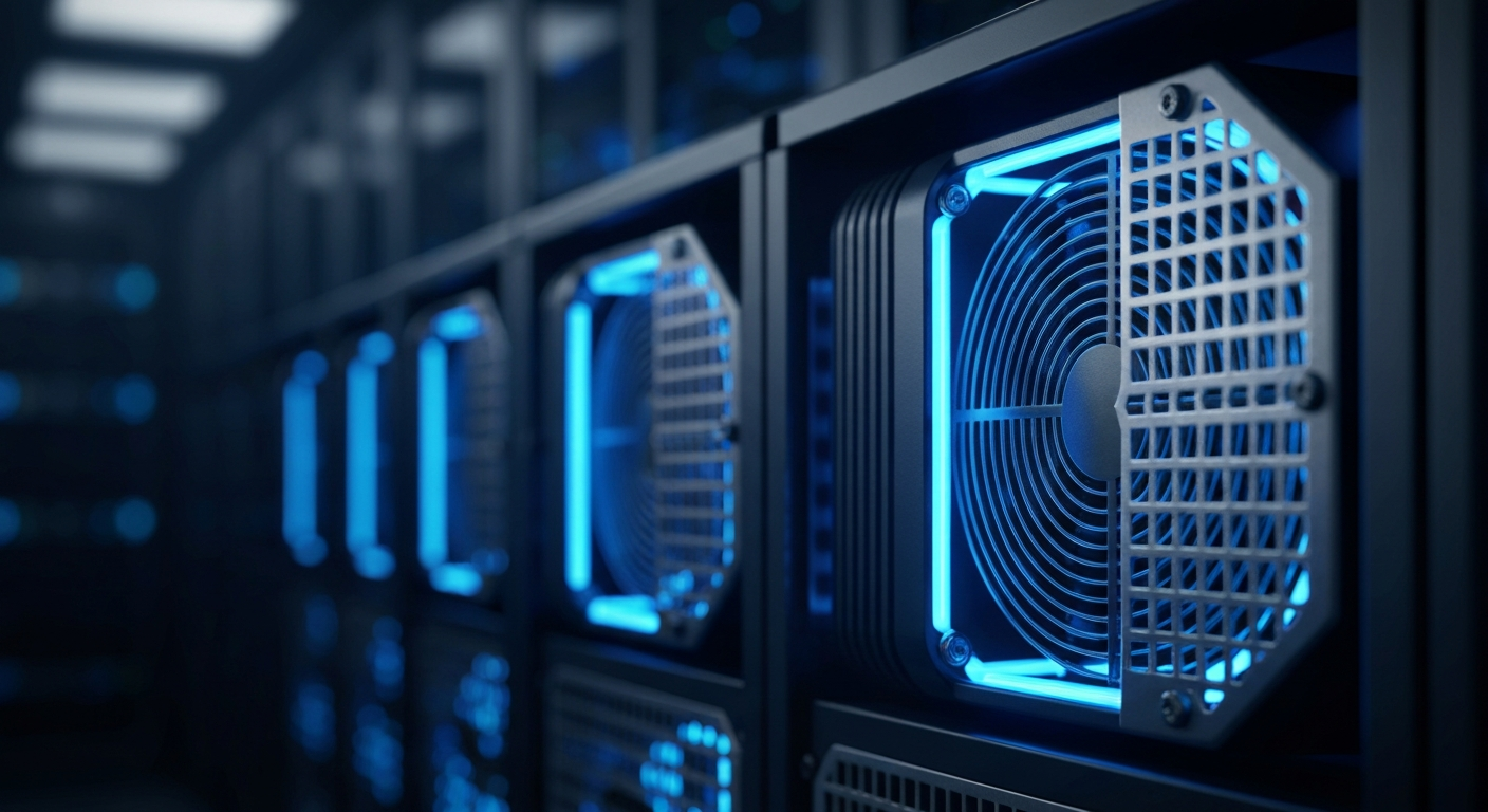 An extreme close-up of a complex array of metallic AI server components and cooling systems, dramatically lit against a dark background, conceptually representing the technological backbone of the artificial intelligence industry.