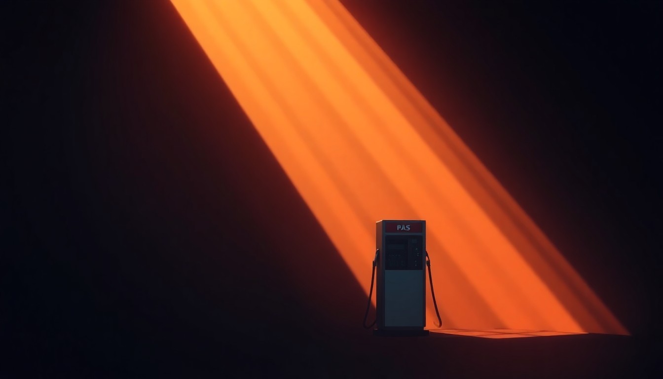 A photorealistic painting of a single gas pump in a deserted urban setting, with warm sunlight casting long shadows across the pavement, conveying a sense of solitude and economic hardship.