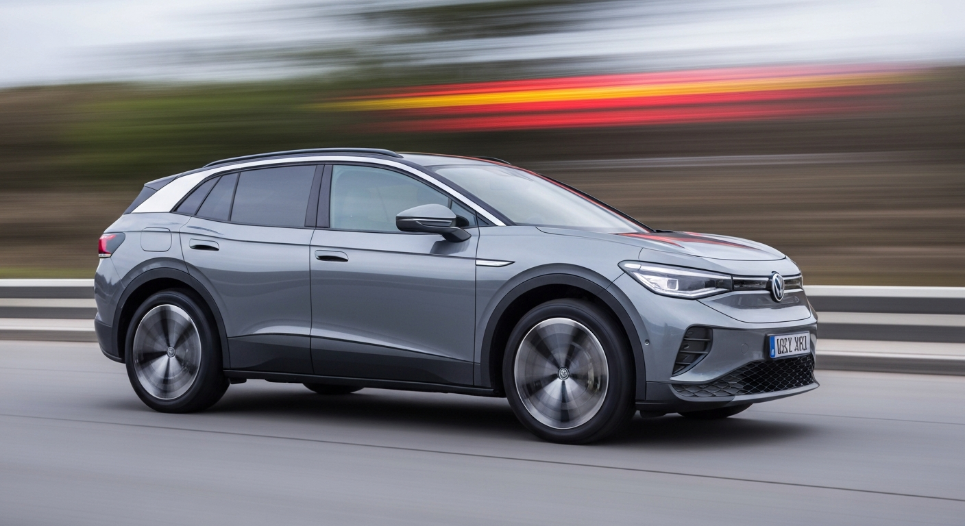 A blurred, abstract photograph of a Volkswagen electric vehicle in motion, with streaks of vibrant colors conveying a sense of speed and modern engineering.