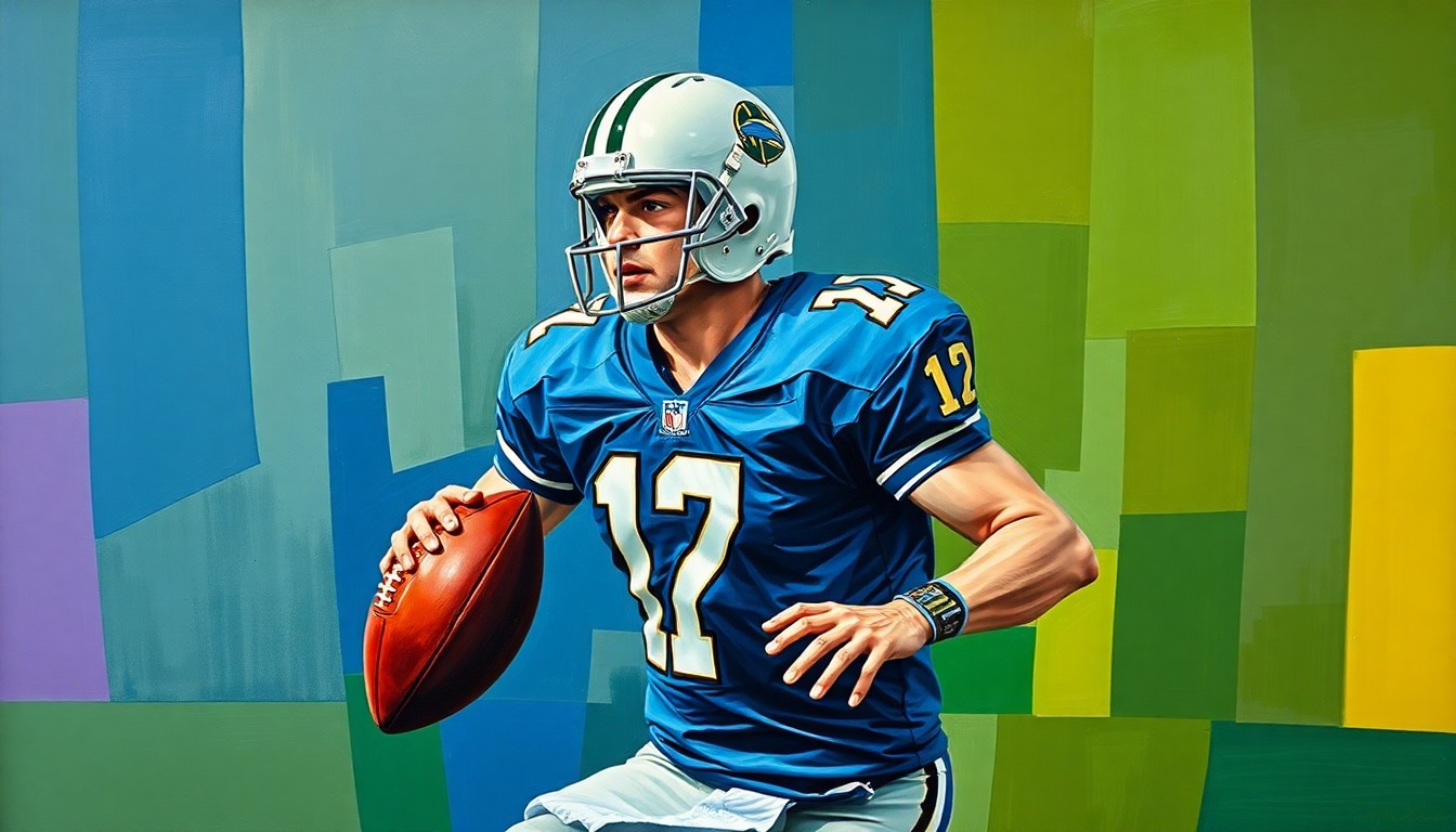 A fragmented, geometric painting depicting a football quarterback in motion, with the player's body and the ball broken down into sharp, overlapping planes of color, capturing the raw energy and potential of the young Giants QB.
