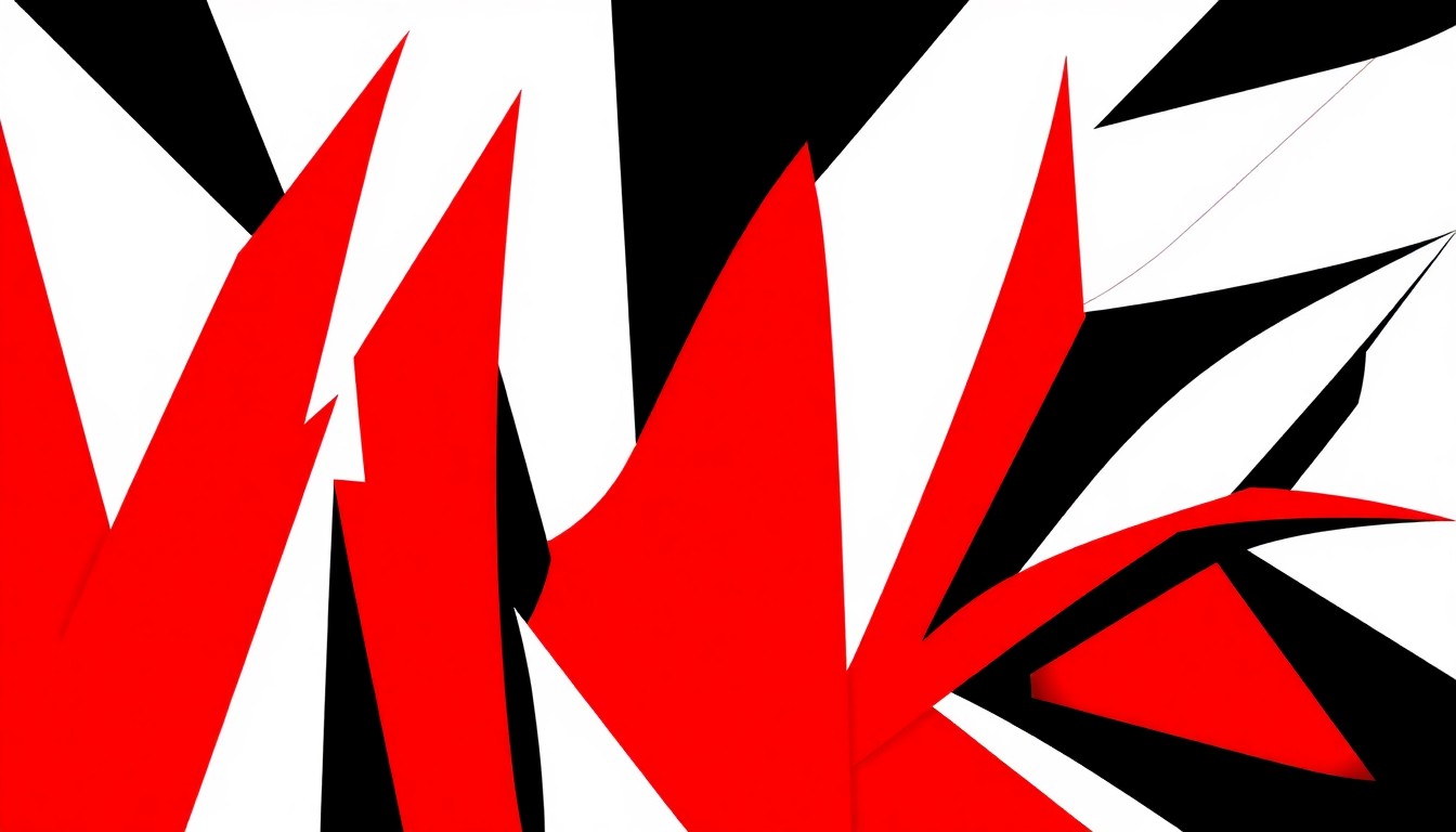 A dynamic, abstract composition of bold red, white, and black geometric shapes, conveying the high-energy, theatrical spirit of a live awards show performance.