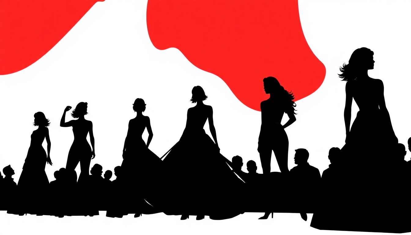 A striking abstract illustration featuring bold black silhouettes and vibrant red and white shapes, conveying the excitement and glamour of a high-profile fashion awards show.