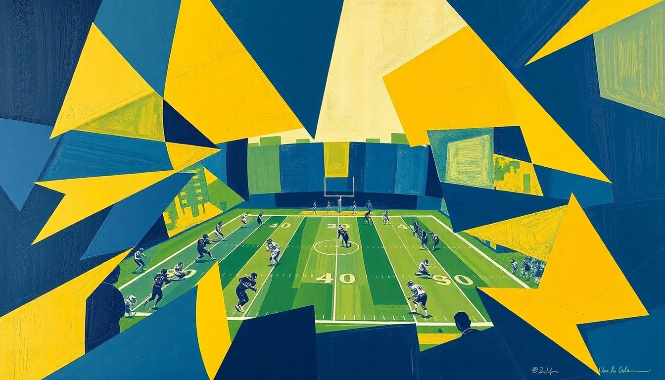 A cubist-style painting depicting a high school football game broken down into overlapping geometric shapes and planes in navy blue and gold colors, representing the dynamic action and energy of the sport.