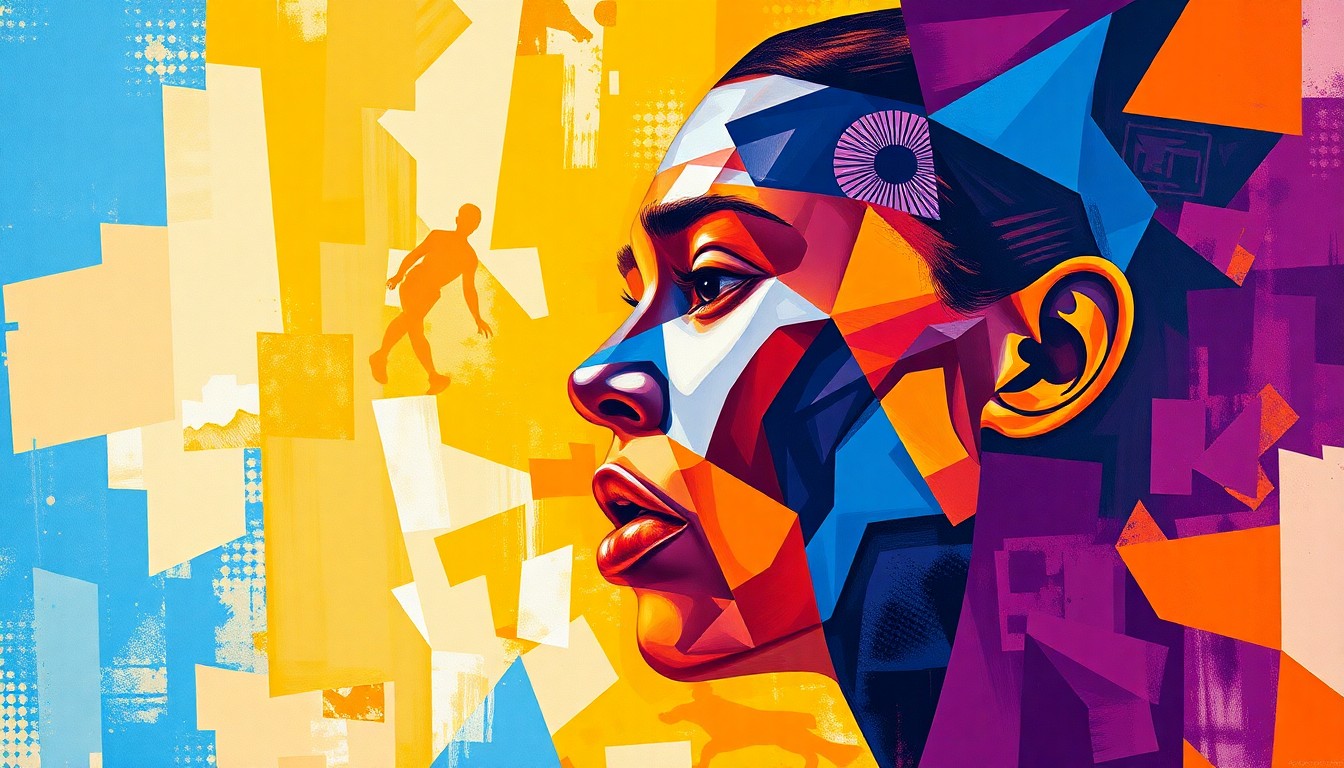 A cubist, geometric painting depicting a WNBA player in motion, with sharp, overlapping planes of color representing the dynamic energy of the sport.