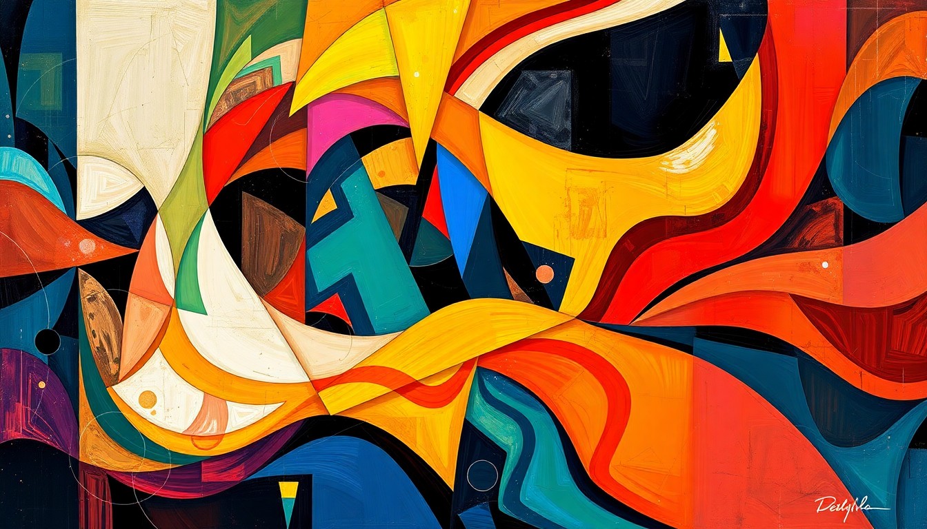 A dynamic, abstract painting featuring overlapping geometric shapes and waves of vibrant colors, conceptually representing the turbulent state of sports betting regulation in Ohio.