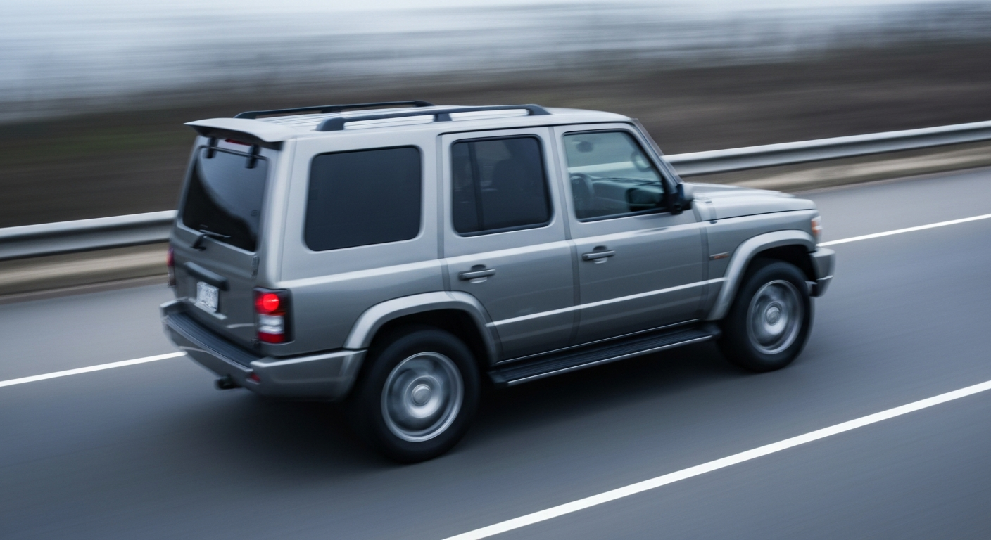 A blurred, abstract photograph of a large SUV in motion, with the vehicle's form reduced to sweeping streaks of metallic gray and deep blue, conveying a sense of speed and modern engineering.