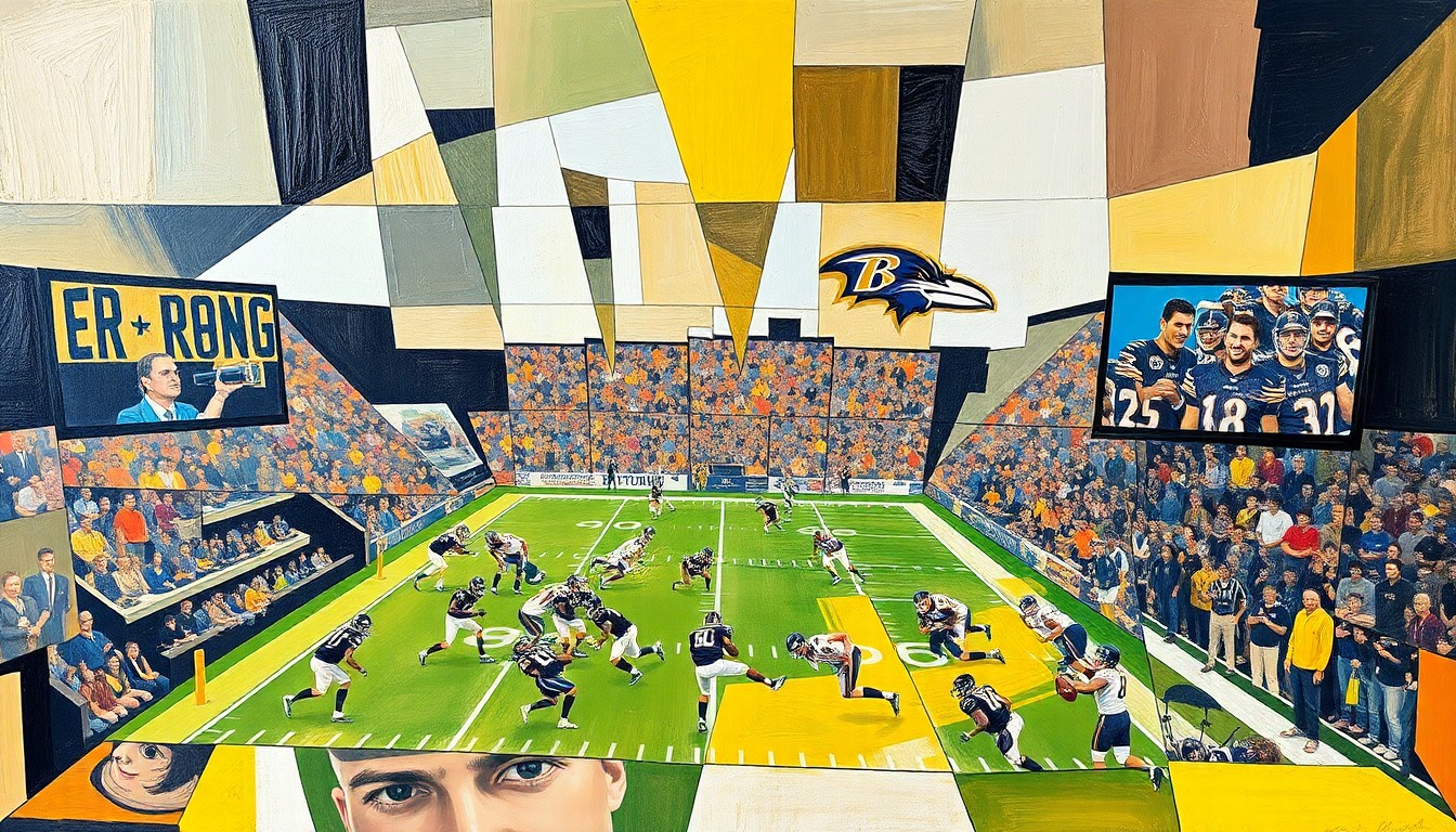 A cubist, geometric painting depicting fragmented and overlapping visual elements of a football game, representing the Ravens' roster turnover and transition to a new era.