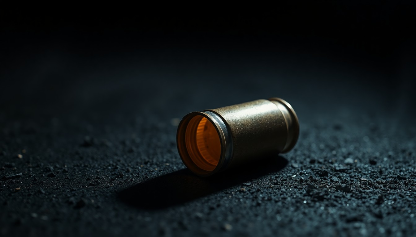 An extreme close-up photograph of a spent shell casing on a dark, gritty surface, lit by a harsh camera flash, conceptually illustrating the violence surrounding the rap music industry.