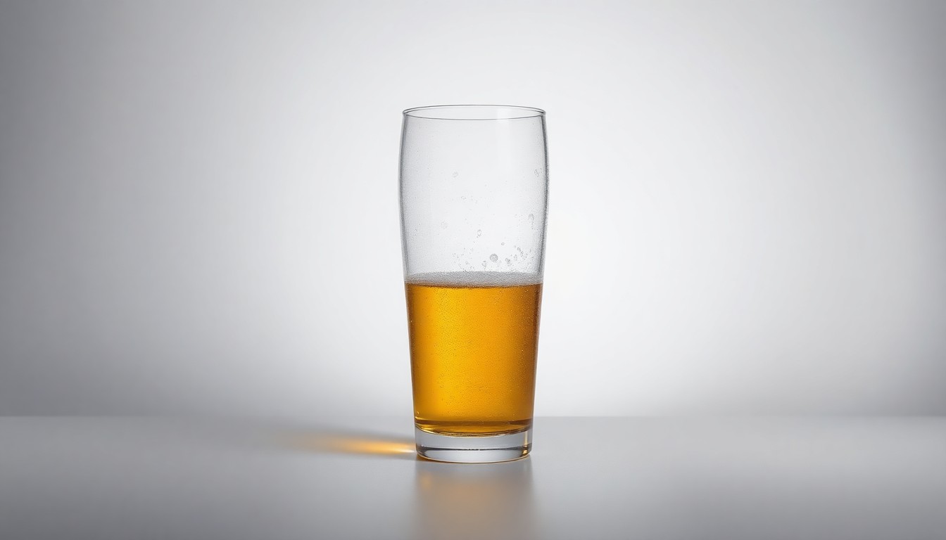 A photorealistic studio still-life photograph of a single, half-full beer glass with condensation on the sides, resting on a clean, monochromatic background and dramatically lit from the side to highlight the premium, polished nature of the glass material.