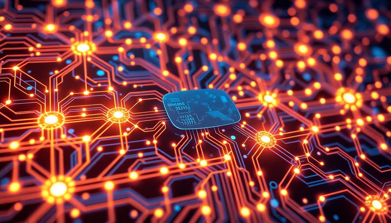 A highly detailed, glowing 3D illustration of a complex network of interconnected circuits, data flows, and pulsing energy fields, conceptually representing the advanced AI-powered compliance automation capabilities of Continuum GRC's technology.