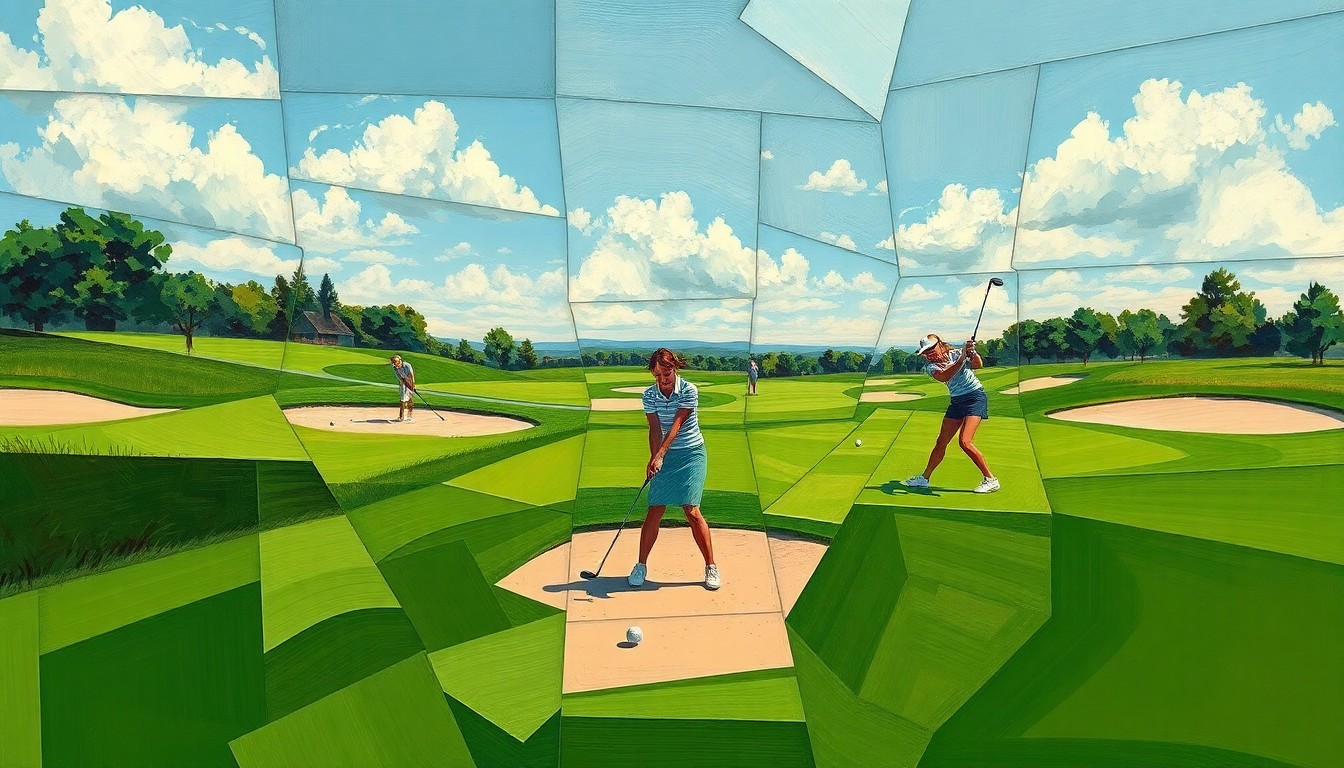 A fragmented, geometric painting depicting the various elements of a girls' golf match - fairways, sand traps, and flying golf balls - from multiple perspectives, creating a dynamic, abstract composition.