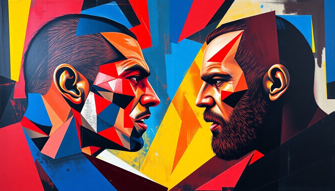 A cubist, geometric painting featuring overlapping planes of red, blue, and yellow, capturing the intense energy and action of the UFC 327 main event between light heavyweight contenders Jiri Prochazka and Carlos Ulberg.