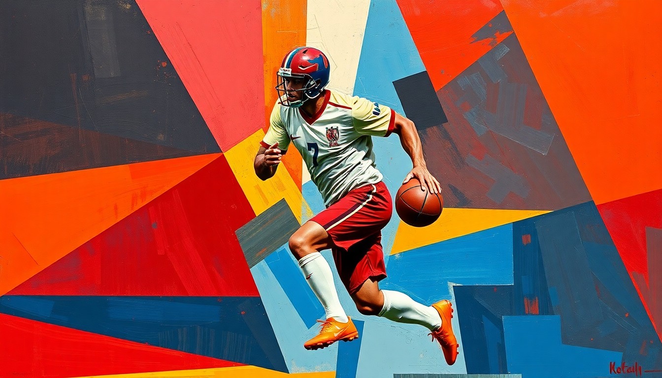 A cubist-style painting depicting a football player in motion, broken down into sharp, overlapping geometric shapes in a vibrant color palette, conveying the dynamic and uncertain nature of the player's draft prospects.