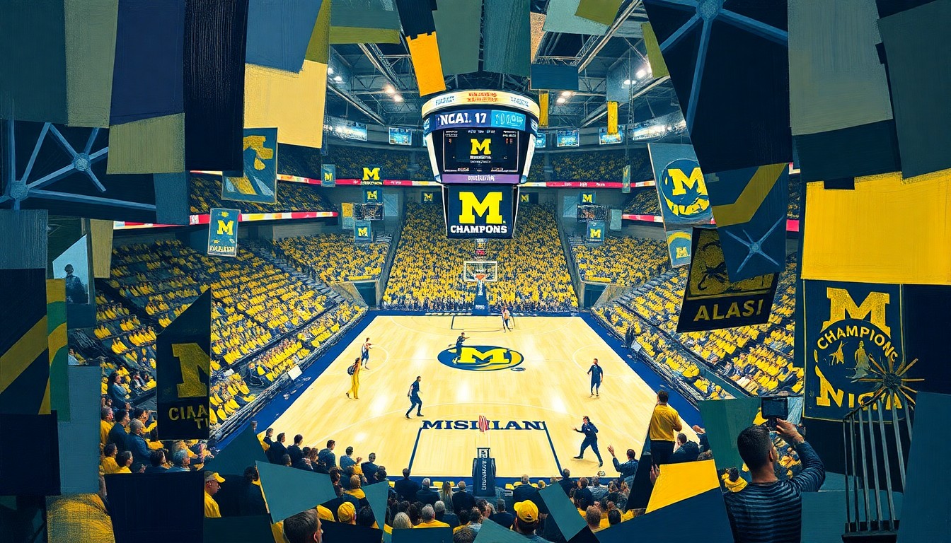 A fragmented, multi-angled painting in bold colors and geometric shapes, conceptually representing the excitement and drama of the Michigan Wolverines' NCAA championship victory.