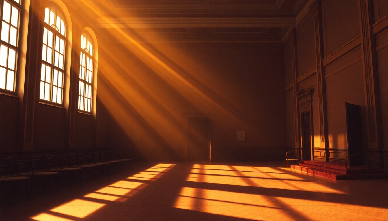 A serene, photorealistic painting of an empty Russian courthouse interior with high ceilings, wood paneling, and large windows allowing warm, dramatic lighting to pour in, creating a sense of solemnity and timelessness.
