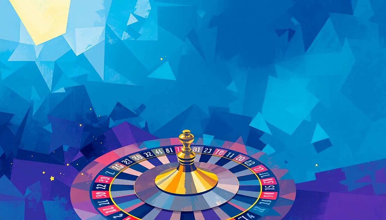 A dynamic, abstract painting of a spinning roulette wheel, with overlapping, fractured geometric shapes in shades of blue, purple, and gold, conceptually representing the fast-paced and competitive nature of the online gambling market.