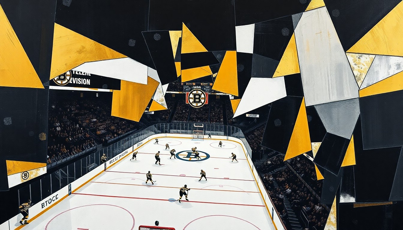 A cubist-style painting depicting a hockey game in sharp, overlapping geometric shapes and planes in the Bruins' black and gold colors, capturing the dynamic energy and intensity of the sport.