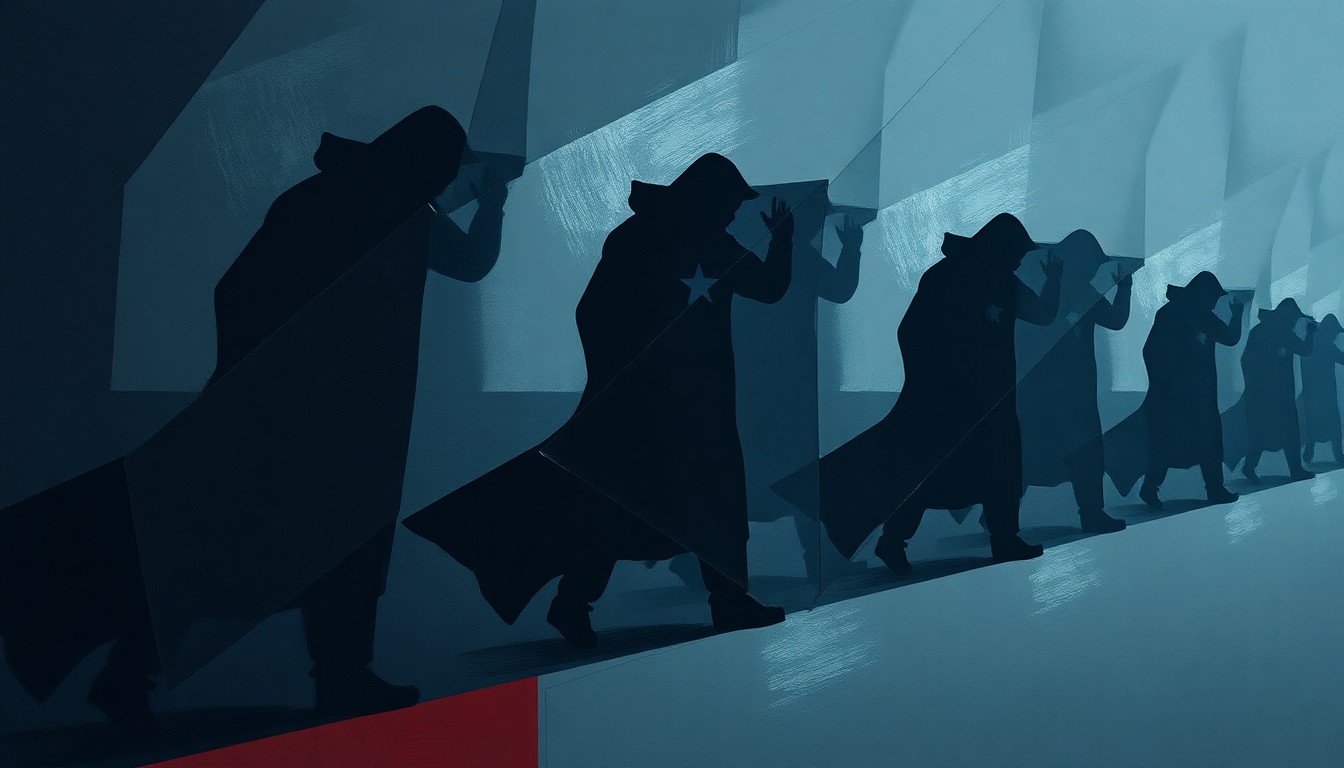 A fragmented, abstract painting in shades of blue, gray, and red depicting a shadowy, indistinct figure, representing the far-left movement being targeted by the U.S. government's counterterrorism initiatives.