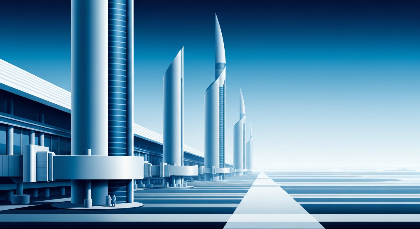 A highly stylized, geometric illustration depicting the sweeping, monumental forms of airport terminals and runways in shades of blue, silver, and white, conveying the grand scale and importance of air travel infrastructure.