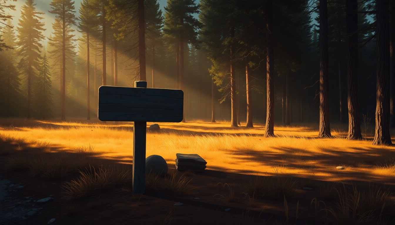 A peaceful forest landscape with a lone trail sign in the foreground, painted in warm, earthy tones with dramatic shadows, conveying the natural beauty and solitude of protected wilderness areas.