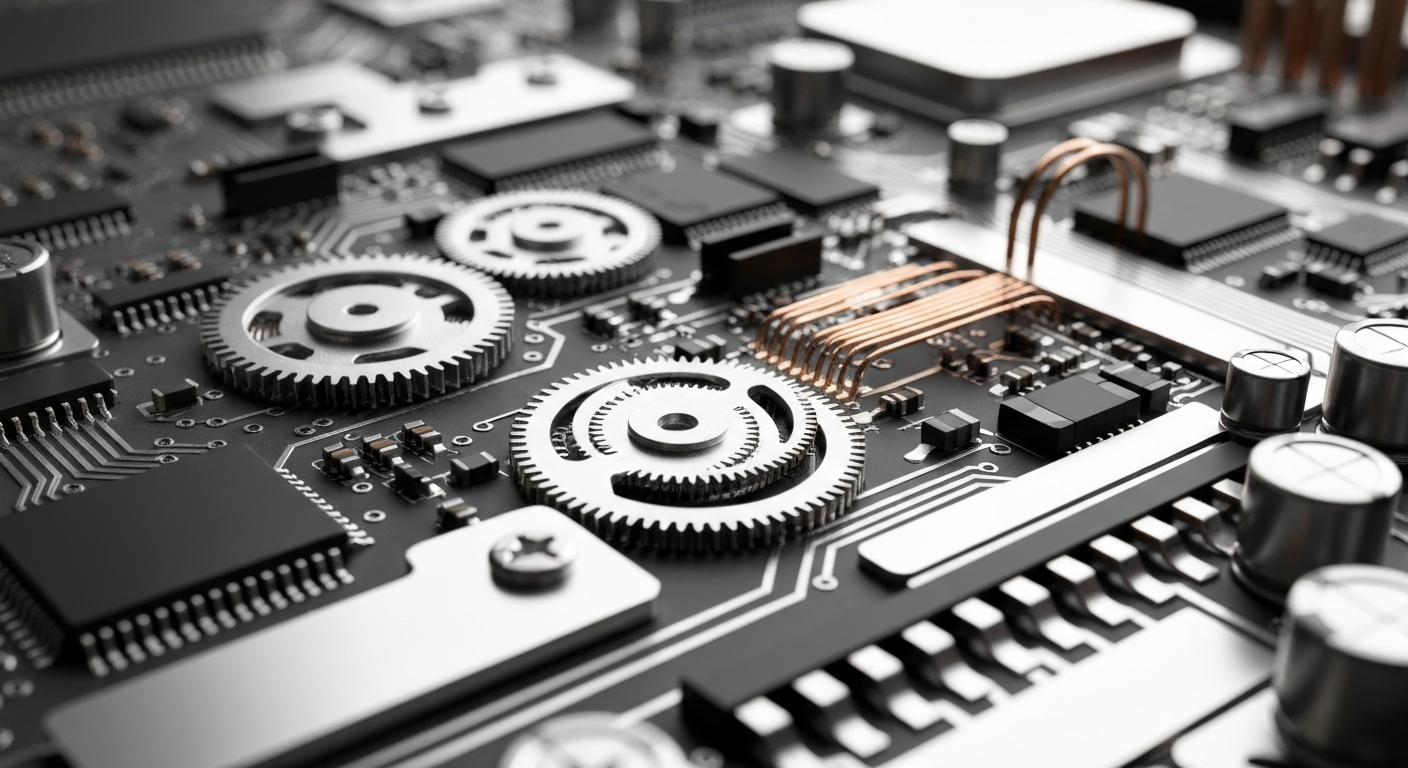 A highly detailed, macro-level view of the inner workings of an electronic circuit board, with various metallic components and wiring in shades of silver, copper, and black, conveying the technical complexity and precision of Bel Fuse's products.