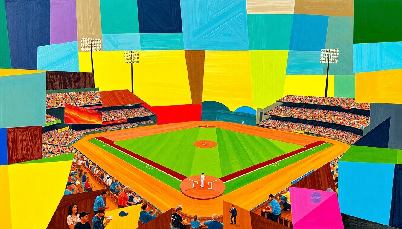 A vibrant, fragmented painting depicting a baseball game in progress, with the players and field broken down into sharp, angular shapes and planes of color, conveying the intensity and unpredictability of the contest.