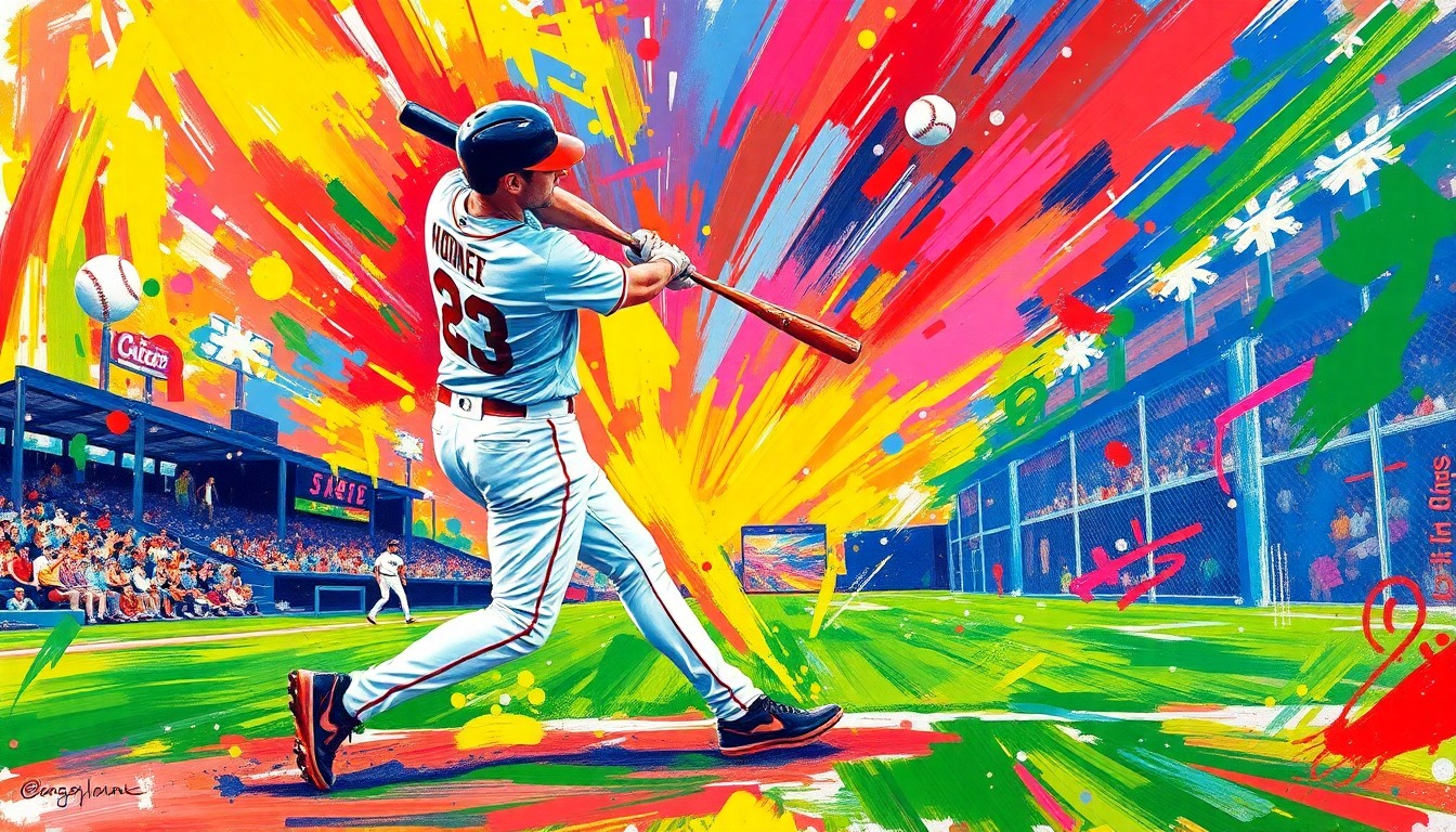 An extreme close-up of Nico Hoerner's baseball bat making contact with the ball, the impact captured in a burst of vibrant neon colors and expressive brushstrokes that convey the raw power and athleticism of the moment.