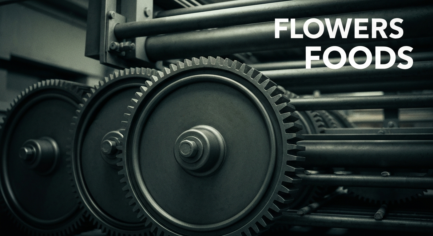 An extreme close-up of the heavy, industrial gears and machinery inside a commercial bakery, conveying the complex financial and operational challenges facing the baked goods company Flowers Foods.