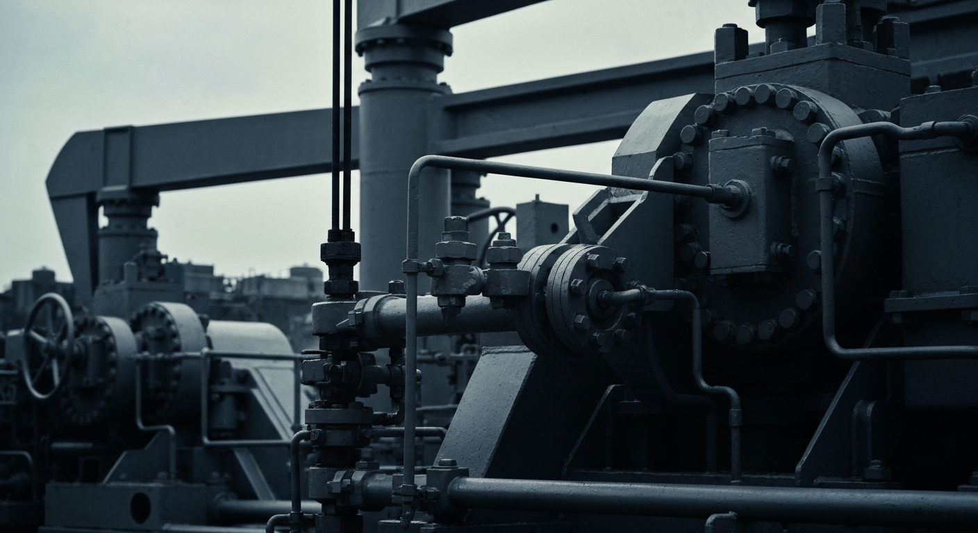 An extreme close-up of industrial oil and gas equipment, with a focus on the textured, metallic surfaces and intricate mechanisms that represent the physical assets and operations of LandBridge.