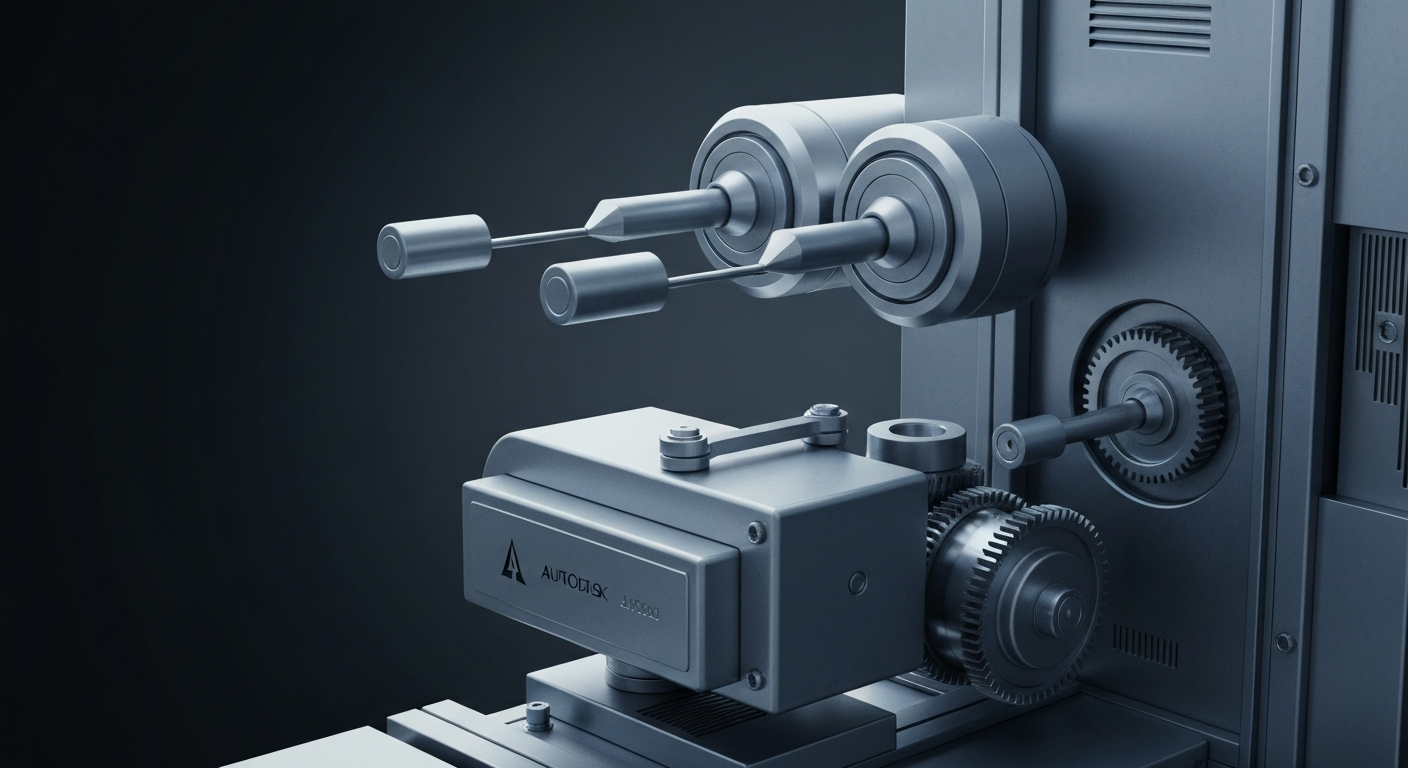 An extreme close-up of various metal and electronic components that make up Autodesk's software engineering systems, conveying the technical complexity and industrial nature of the company's business.