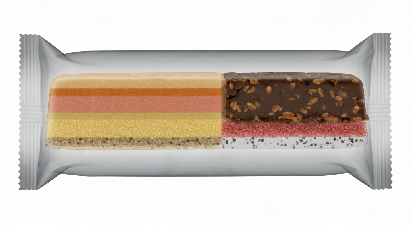 An extreme close-up X-ray photograph revealing the layered internal structure of a protein bar, with glowing lines highlighting the key functional ingredients like protein and creatine.
