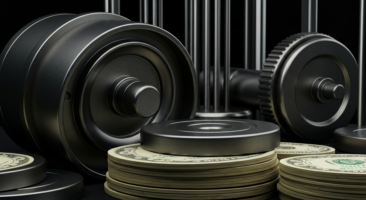 An extreme close-up of complex, industrial-looking financial machinery and equipment, conveying a sense of power, security, and institutional strength without depicting any literal currency or financial symbols.