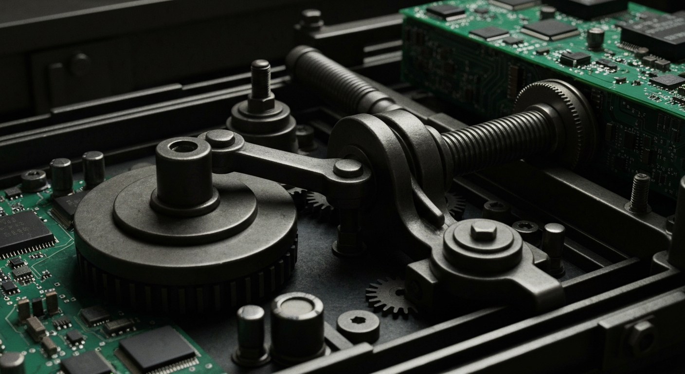 An extreme close-up of interlocking metal gears and levers, conceptually representing the complex machinery that powers the global financial system.
