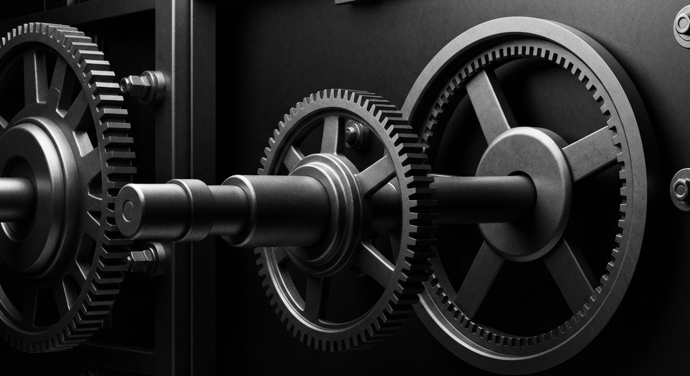 A black and white close-up photograph of the intricate gears and mechanisms of a heavy, industrial banking vault, representing the financial security and institutional power of the banking industry.