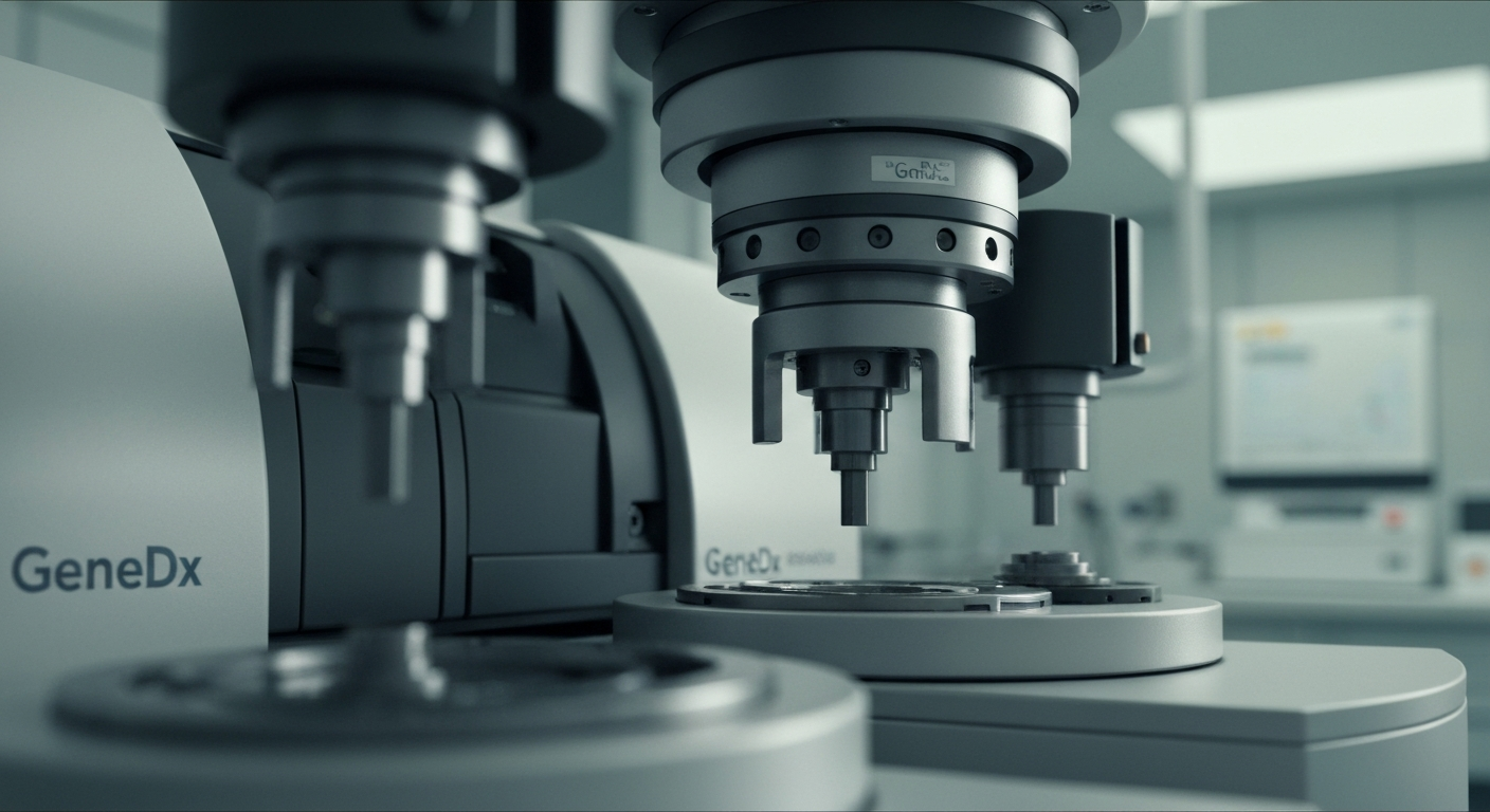 A close-up image of complex, high-tech genetic testing machinery in a clinical laboratory, conveying the technical and scientific nature of GeneDx's work.