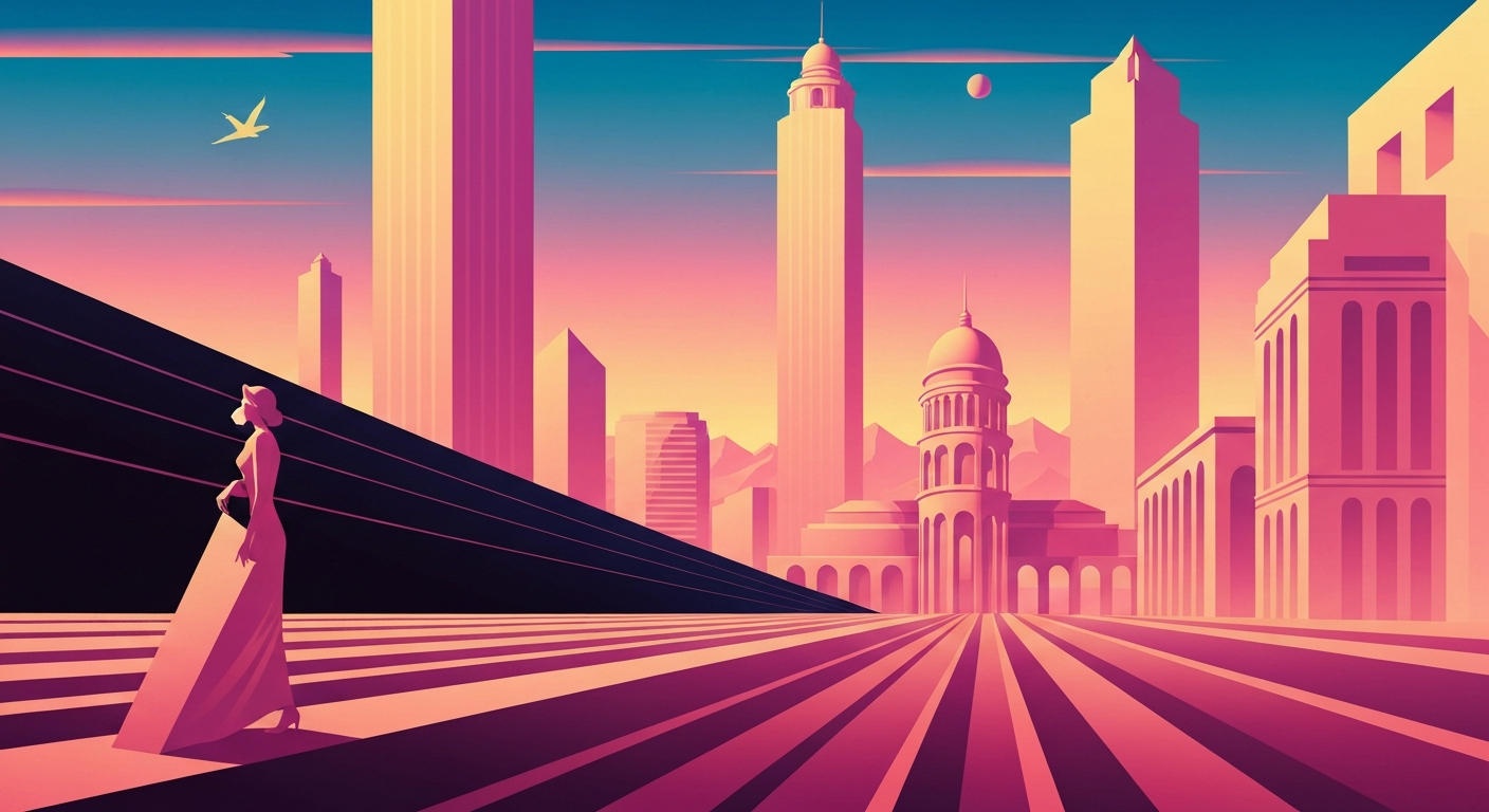 A bold, geometric illustration in the Art Deco style, featuring sweeping gradients and sleek, streamlined forms that evoke the grand scale and romance of rail travel.