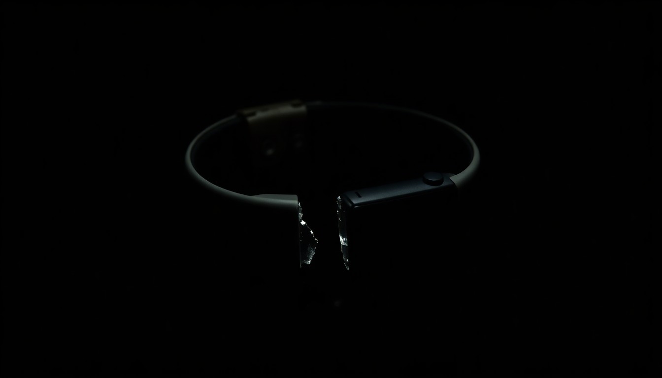 An extreme close-up photograph of a broken electronic monitoring bracelet against a pitch-black background, capturing the device's intricate details and textures under harsh, direct lighting to create a gritty, investigative aesthetic.