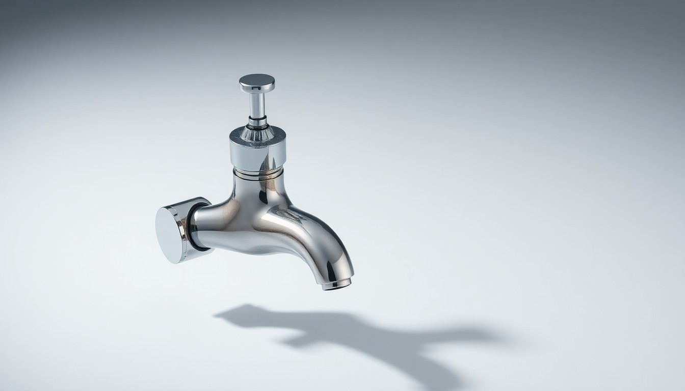 A high-end, photorealistic studio still-life photograph featuring a polished, chrome-plated water faucet fixture and matching pipe fitting, arranged elegantly on a clean white background and dramatically lit to symbolize the modernization of the Rose Bowl's aging water systems.