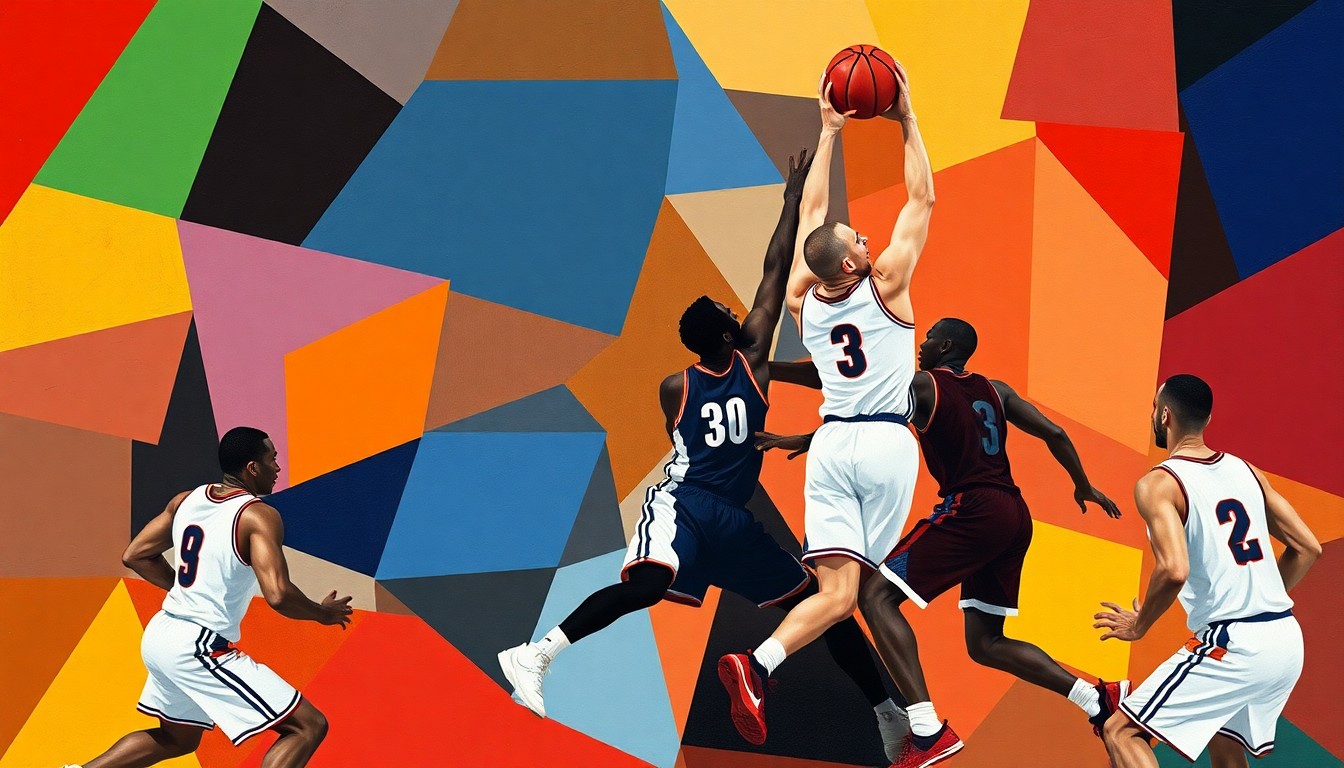 A cubist, fragmented painting in bold colors depicting the movement and action of a basketball game, conceptually representing the legacy of former Baylor player Melissa Jones.