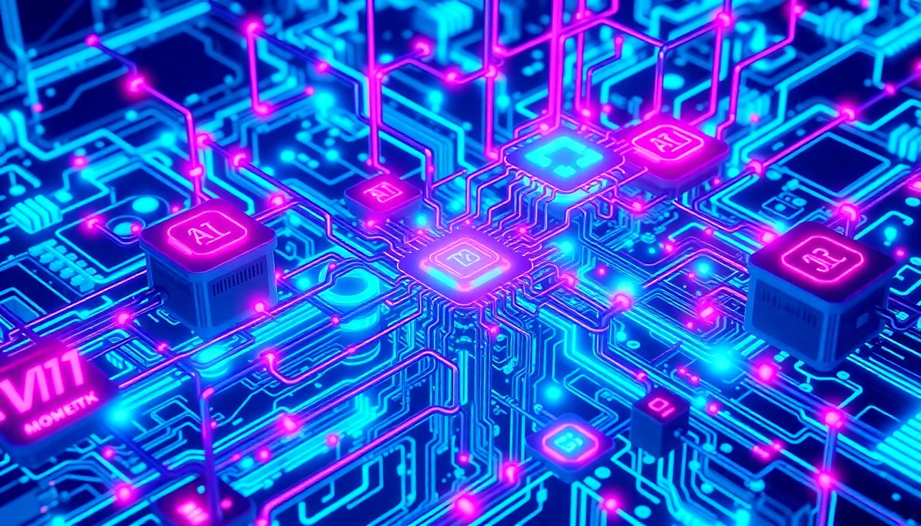 A highly detailed, glowing 3D illustration of a complex network of interconnected AI agents and cybernetic hardware components in shades of neon cyan, magenta, and electric blue, conceptually representing the dynamic, intelligent infrastructure powering the rise of agentic AI.