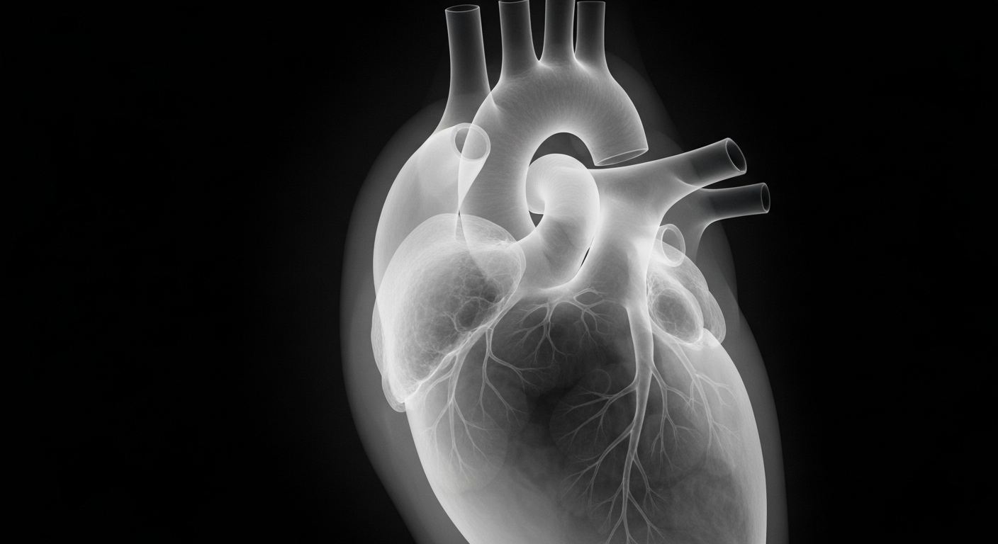 A ghostly, translucent X-ray image of a human heart, revealing its intricate internal structure in glowing lines against a dark background, conceptually representing the complex healthcare system and the need for personalized support.