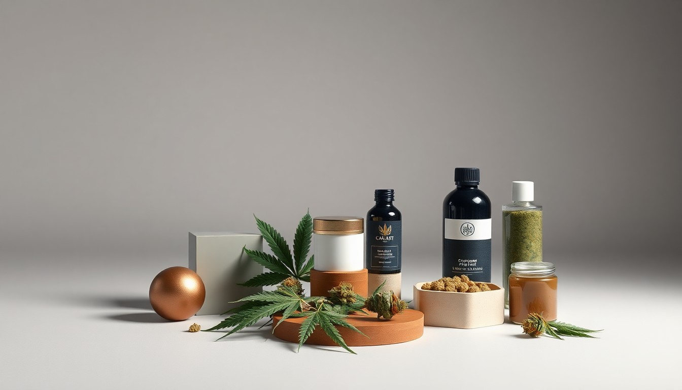 A high-end, photorealistic studio still-life photograph featuring a selection of premium cannabis products, including flower buds, vape cartridges, and edible gummies, arranged elegantly on a clean, monochromatic seamless background. The objects are made from polished raw materials and clean geometric shapes, using sharp, dramatic studio lighting and deep shadows to represent the quality and care Catalyst Cannabis puts into its curated inventory.