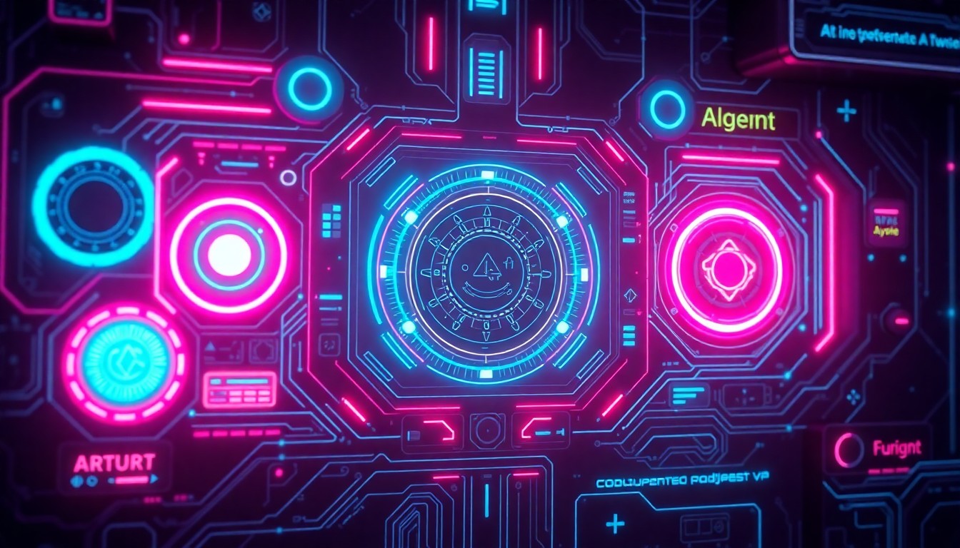 A highly detailed, glowing 3D illustration of a futuristic AI agent interface, with neon cyan and magenta lights illuminating the various hardware components and digital elements. The image conveys a sense of advanced, intelligent technology that is seamlessly integrated into the physical world.