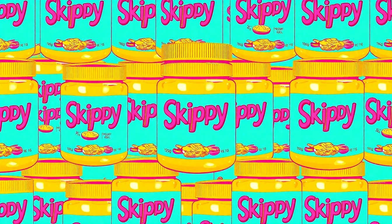 A brightly colored, high-contrast silkscreen print of a jar of Skippy peanut butter repeated in a tight grid pattern, conceptually representing the iconic status of this everyday lifestyle object in the story of a vibrant centenarian.