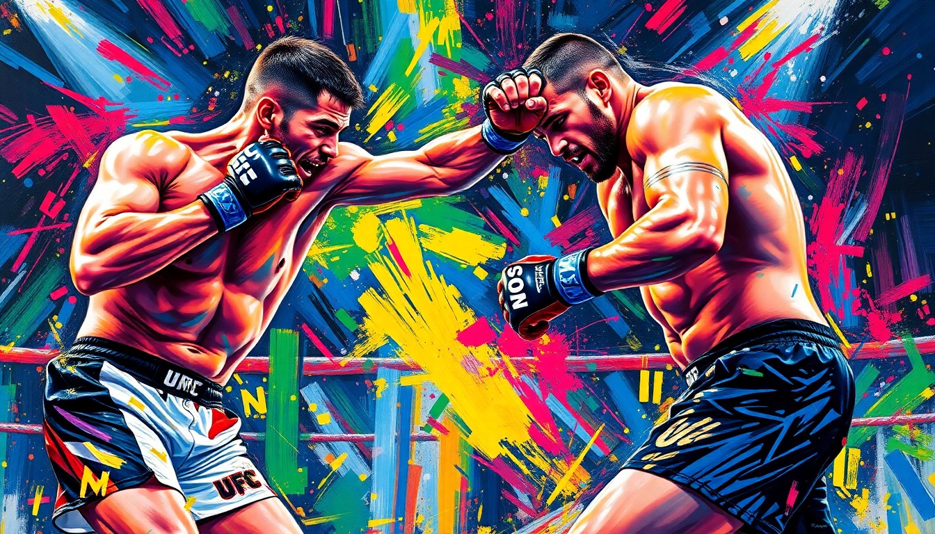 A dynamic, abstract painting featuring bold, neon-colored brushstrokes that capture the intensity and energy of a mixed martial arts fight, conceptually representing the thrilling conclusion to Cub Swanson's storied career.