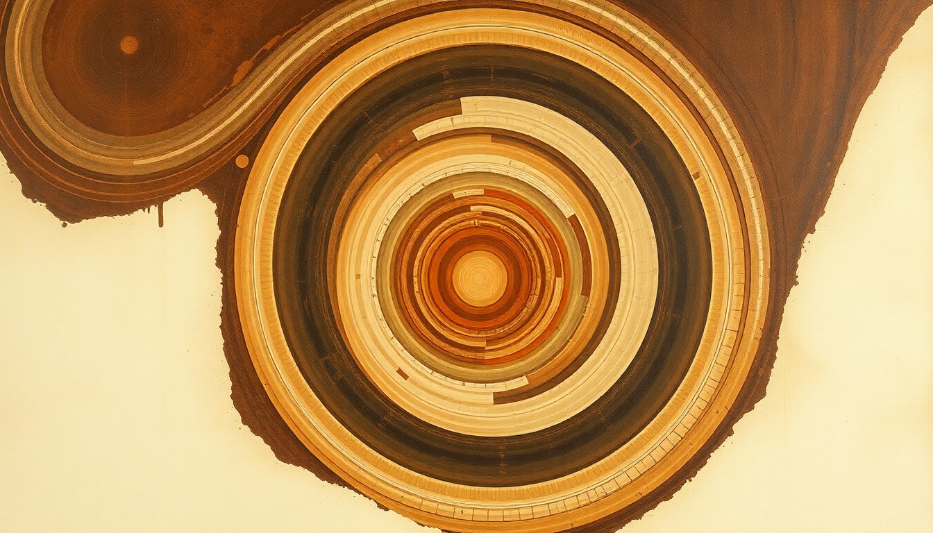 An abstract, highly structured painting in earthy tones of brown, ochre, and green, featuring sweeping geometric arcs, concentric circles, and precise botanical or physical spirals, conceptually representing the hidden geological forces and soil composition beneath Omaha's surface that contribute to the city's ongoing sinkhole challenges.