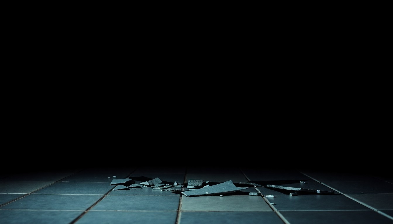 An extreme close-up photograph of a shattered pool tile, capturing the dramatic texture and material details under a stark, direct flash of light, conceptually representing the investigative process behind a suspicious death.